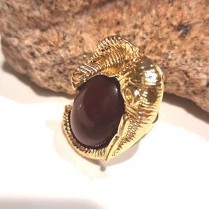 New! Elephant Statement Ring Textured Gold Brown Cabochon Adjustable • NWOT